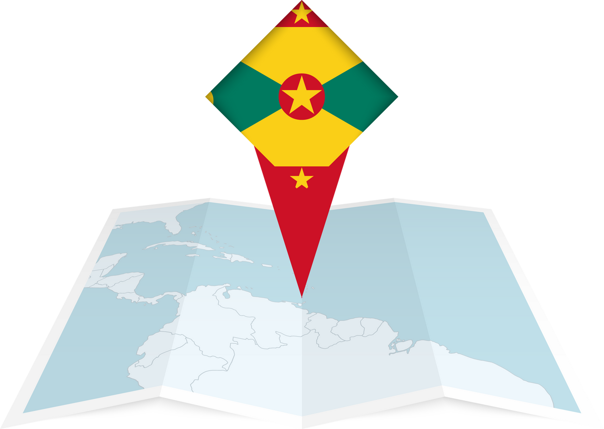 Grenada pin flag and map on a folded map